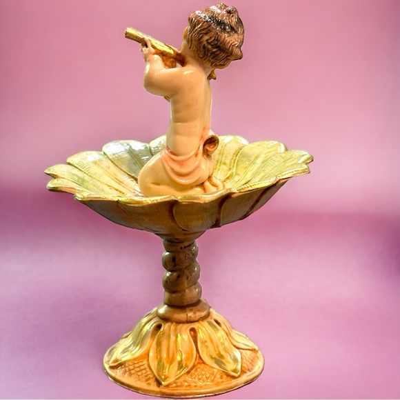 Fontanini Depose Italy Garden Cherub Figurine Flute Bird Bath #87 Spider Mark - Picture 4 of 7